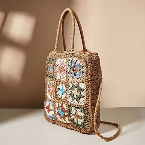 QTKJ Straw Bag, Summer Beach Bag, Hand-Woven Women Hand Bag, Jiugongge Flower Style Retro Rattan Bag Shoulder Bag Crossbody Bag（Khaki）