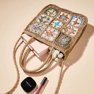 QTKJ Straw Bag, Summer Beach Bag, Hand-Woven Women Hand Bag, Jiugongge Flower Style Retro Rattan Bag Shoulder Bag Crossbody Bag（Khaki）