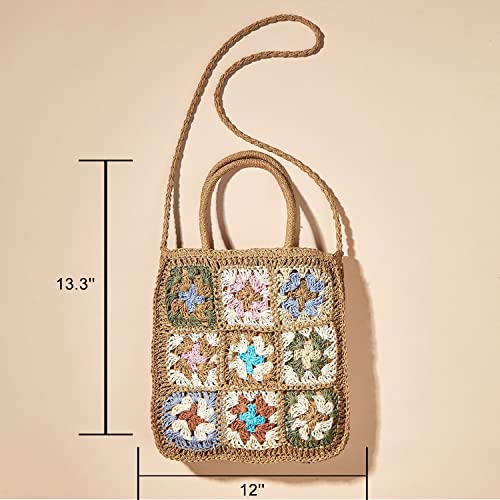 QTKJ Straw Bag, Summer Beach Bag, Hand-Woven Women Hand Bag, Jiugongge Flower Style Retro Rattan Bag Shoulder Bag Crossbody Bag（Khaki）