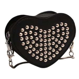 cute heart shaped mini crossbody bags for women girls small round purse pu leather mini shoulder bag with bling rivets & chain strap (black,heart shaped)