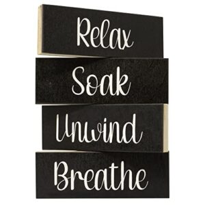 jennygems relax soak unwind breathe wooden block signs, farmhouse wood sign set, black and white bathroom decor, made in usa
