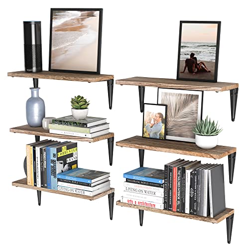 Wallniture Arras Floating Shelves for Living Room Decor, 17"x6" Wood Bookshelves, Wall Shelves for Bedroom, Office, Kitchen Set of 6 Burnt Finish