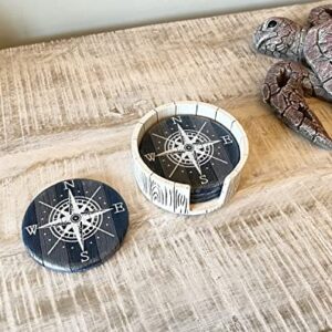 Compass Rose Coaster Set - Nautical Ocean Beach Boat Coastal Decor - Rustic Weathered Blue / White Finish