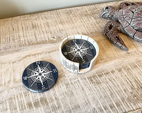 Compass Rose Coaster Set - Nautical Ocean Beach Boat Coastal Decor - Rustic Weathered Blue / White Finish