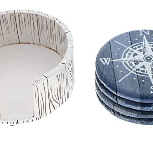 Compass Rose Coaster Set - Nautical Ocean Beach Boat Coastal Decor - Rustic Weathered Blue / White Finish