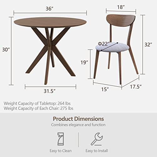 Giantex 3-Piece Dining Table and Chair Set, Wooden Kitchen Table Set, Farmhouse Round Kitchen Table and 2 Cushioned Dinette Chairs, Mid-Century Dining Table Set for Dining Room, Kitchen, Living Room