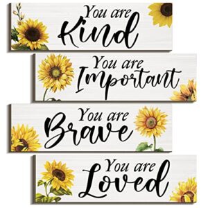 4 pcs sunflowers inspirational wall decors sunflower gifts for woman you are kind wall art rustic wood sign hanging decoration for living room bedroom bathroom door decor (inspirational sunflower)
