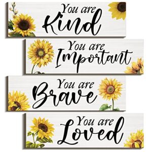 4 Pcs Sunflowers Inspirational Wall Decors Sunflower Gifts for Woman You Are Kind Wall Art Rustic Wood Sign Hanging Decoration for Living Room Bedroom Bathroom Door Decor (Inspirational Sunflower)