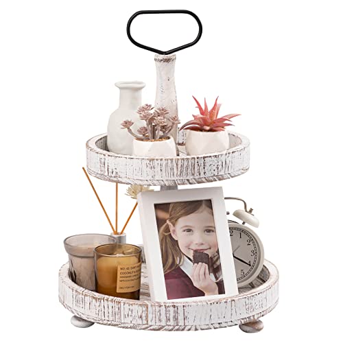 Farmhouse Two Tiered Wooden Tray Stand, UBTKEY 2 Tier Wood Round Decorative Tray with Metal Handle for Home Kitchen Seasonal Holiday Decorations, 17"x13" (Distressed White)