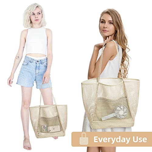 KALIDI Beach Mesh Tote Bag, Casual Tote Bag Hobo Women Foldable MAX 23L Shoulder Bag For Beach Picnic Vacation