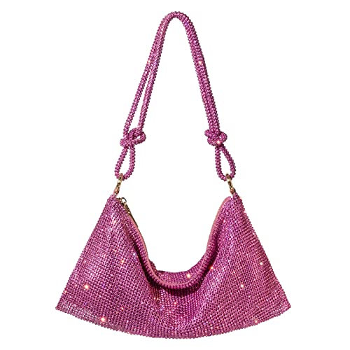 Rhinestone Shoulder Evening Bag for Women Stylish Sparkly Handbag and Purse Bling Hobo Shiny Clutch for Party Wedding (Pink)