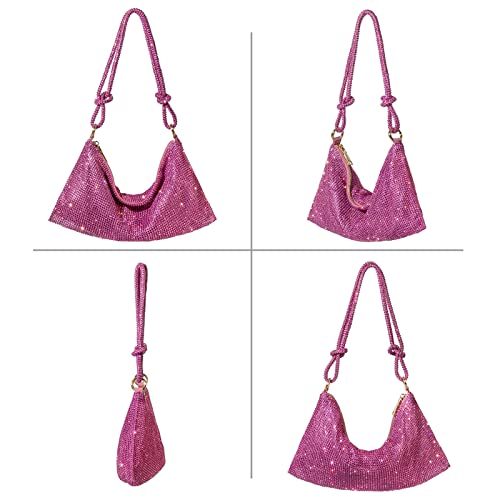 Rhinestone Shoulder Evening Bag for Women Stylish Sparkly Handbag and Purse Bling Hobo Shiny Clutch for Party Wedding (Pink)