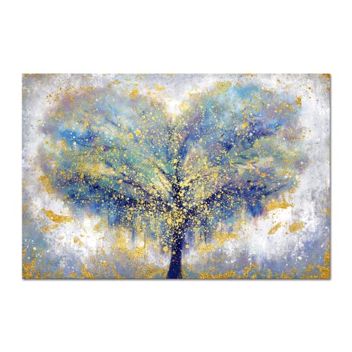 YeiLnm Blue Gold Wall Art Colorful Abstract Heart Shape Tree Paintings Contemporary Artwork Tree of Life Picture Print on Canvas Art Home Bedroom Bathroom Wall Decor Framed Ready to Hang