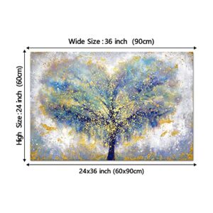 YeiLnm Blue Gold Wall Art Colorful Abstract Heart Shape Tree Paintings Contemporary Artwork Tree of Life Picture Print on Canvas Art Home Bedroom Bathroom Wall Decor Framed Ready to Hang