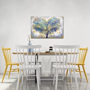 YeiLnm Blue Gold Wall Art Colorful Abstract Heart Shape Tree Paintings Contemporary Artwork Tree of Life Picture Print on Canvas Art Home Bedroom Bathroom Wall Decor Framed Ready to Hang