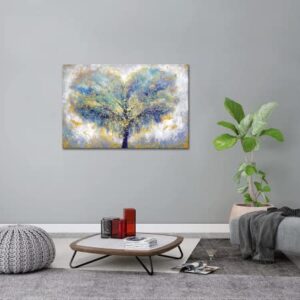 YeiLnm Blue Gold Wall Art Colorful Abstract Heart Shape Tree Paintings Contemporary Artwork Tree of Life Picture Print on Canvas Art Home Bedroom Bathroom Wall Decor Framed Ready to Hang