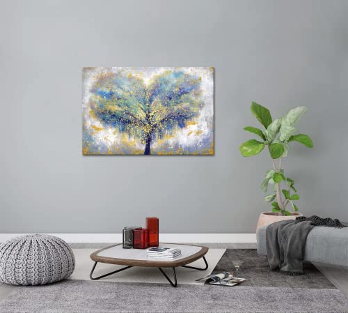 YeiLnm Blue Gold Wall Art Colorful Abstract Heart Shape Tree Paintings Contemporary Artwork Tree of Life Picture Print on Canvas Art Home Bedroom Bathroom Wall Decor Framed Ready to Hang