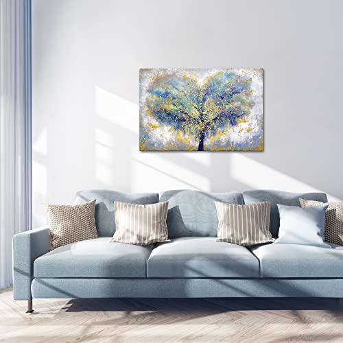 YeiLnm Blue Gold Wall Art Colorful Abstract Heart Shape Tree Paintings Contemporary Artwork Tree of Life Picture Print on Canvas Art Home Bedroom Bathroom Wall Decor Framed Ready to Hang