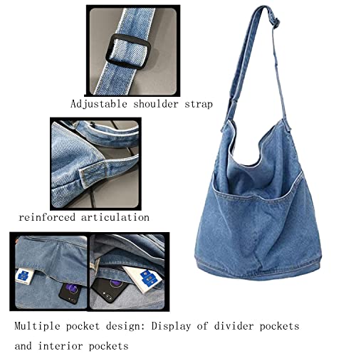 Large Tote Bag Denim Shoulder Bag Crossbody Hobo Bags Casual Retro Canvas Bag for Women Travel Work