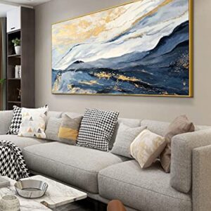 Blue and Gold Abstract Canvas Art Wall for Living Room-Framed Blue Mountain Oil Painting for Bedroom -Modern Landscape Wall Decor for Office,Kitchen Ready to Hang 20x40 inches