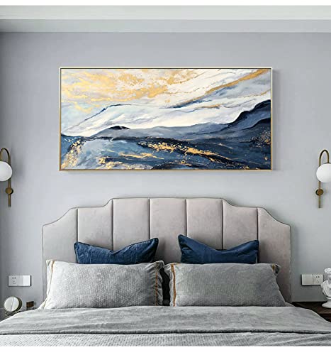 Blue and Gold Abstract Canvas Art Wall for Living Room-Framed Blue Mountain Oil Painting for Bedroom -Modern Landscape Wall Decor for Office,Kitchen Ready to Hang 20x40 inches