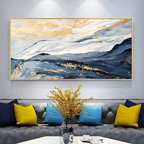 Blue and Gold Abstract Canvas Art Wall for Living Room-Framed Blue Mountain Oil Painting for Bedroom -Modern Landscape Wall Decor for Office,Kitchen Ready to Hang 20x40 inches