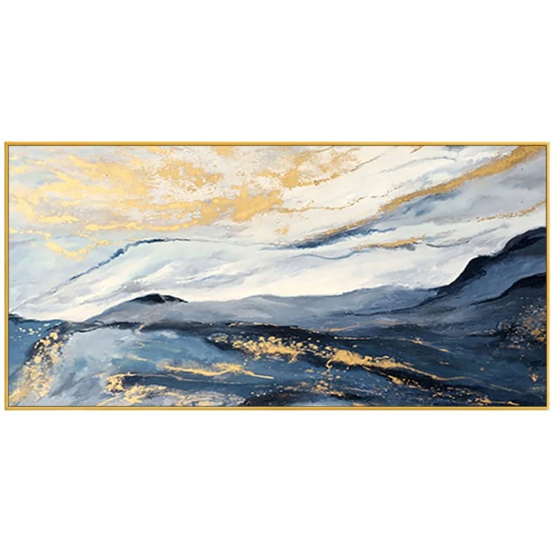 Blue and Gold Abstract Canvas Art Wall for Living Room-Framed Blue Mountain Oil Painting for Bedroom -Modern Landscape Wall Decor for Office,Kitchen Ready to Hang 20x40 inches