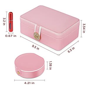 Kioten - 2 Pack Jewelry Box, Travel Jewelry Box Built-Mirror, With 1psc Random Color Perfume Atomizer, Girls And Women Jewelry Box, Adjustable Compartment, Pink