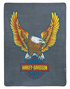 harley-davidson folding fleece blanket, vibrant bar & shield eagle – gray