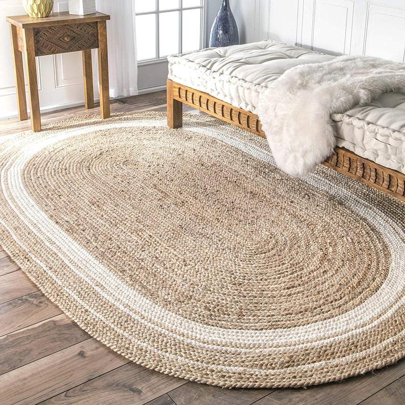 4x6 5x8 8x10 ft. Blue Natural Fiber Braided Oval Rug Vintage Area Rug Jute Tress de lit Jute Area Rug Hand Braid Rug Handmade Rug Sisal Rug (2x3 feet Jute Oval Rug, Brown + White Line)