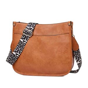 baolab leopard strap crossbody shoulder bag for women ladies causal satchel hobo bag messenger bag vegan pu leather (brown)