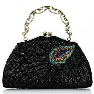 women evening sequin clutch purse vintage beaded shoulder handbags peacock top handle bag for party prom wedding (black)