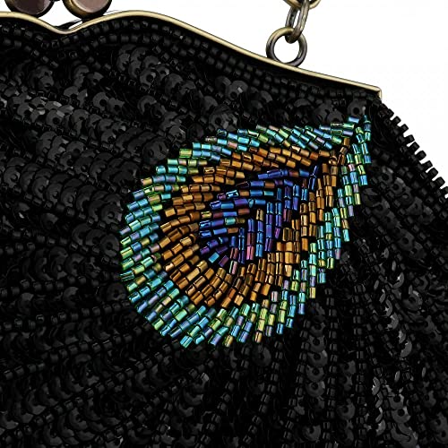 Women Evening Sequin Clutch Purse Vintage Beaded Shoulder Handbags Peacock Top Handle Bag for Party Prom Wedding (Black)