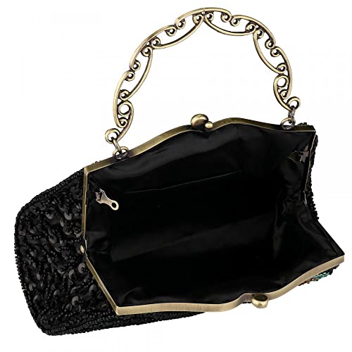 Women Evening Sequin Clutch Purse Vintage Beaded Shoulder Handbags Peacock Top Handle Bag for Party Prom Wedding (Black)