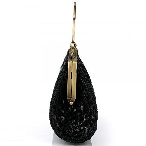 Women Evening Sequin Clutch Purse Vintage Beaded Shoulder Handbags Peacock Top Handle Bag for Party Prom Wedding (Black)