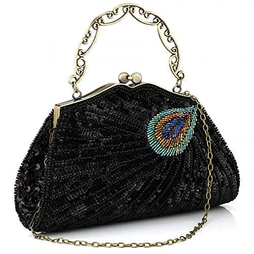 Women Evening Sequin Clutch Purse Vintage Beaded Shoulder Handbags Peacock Top Handle Bag for Party Prom Wedding (Black)