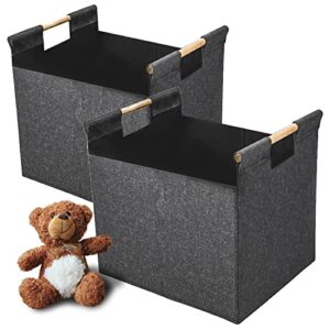 2 pack collapsible felt storage bins,20″x16″x15″ black storage basket, linen fabric with wooden carry handles for clothes, shoe, book, magazine, wood（large size）