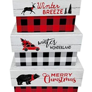 VOTUM Set of 3 Nesting Holiday Storage Boxes - Decorative Treasure Chest Stackable Paperboard Containers with Fitted Lids and Seasonal Sayings - Mountain Holiday