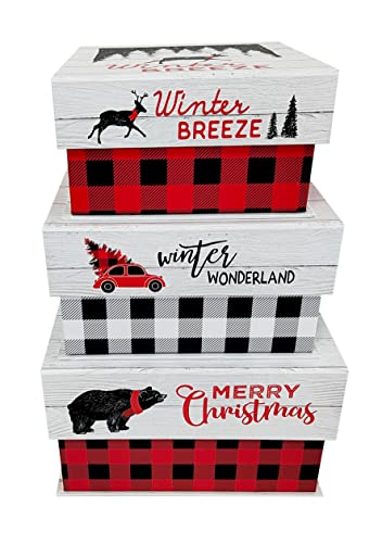 VOTUM Set of 3 Nesting Holiday Storage Boxes - Decorative Treasure Chest Stackable Paperboard Containers with Fitted Lids and Seasonal Sayings - Mountain Holiday