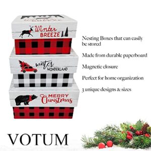 VOTUM Set of 3 Nesting Holiday Storage Boxes - Decorative Treasure Chest Stackable Paperboard Containers with Fitted Lids and Seasonal Sayings - Mountain Holiday