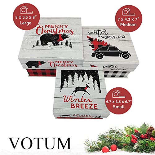 VOTUM Set of 3 Nesting Holiday Storage Boxes - Decorative Treasure Chest Stackable Paperboard Containers with Fitted Lids and Seasonal Sayings - Mountain Holiday