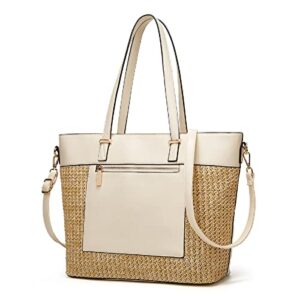 lmkids women’s soft artificial leather straw woven handbag, shoulder bag, large capacity tassel handbag. (beige)
