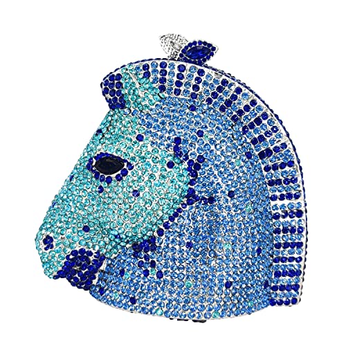 Sparkling 3D Horse Head Shape Women Crystal Clutch Bag Evening Wedding Handbags (Blue Mixed)