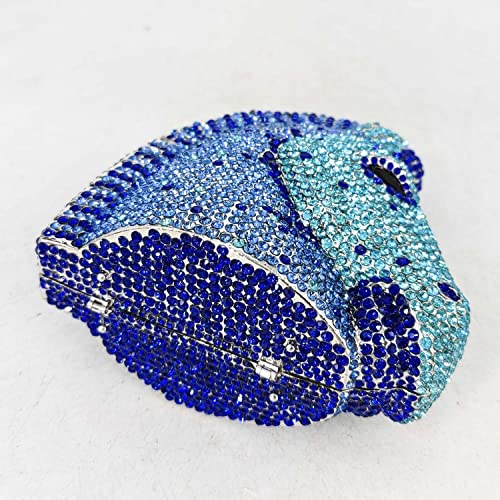 Sparkling 3D Horse Head Shape Women Crystal Clutch Bag Evening Wedding Handbags (Blue Mixed)