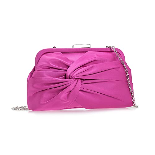 IXEBELLA Evening Purse for Women Dressy Soft Pleated Knot Party Clutch Satin Frame Formal Handbag for Wedding/Prom/Cocktail (Hot Pink)