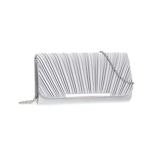 IXEBELLA Classic Evening Clutch Bag for Women Pleated Satin Formal Clutch Purse for Wedding (Silver)