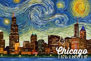 chicago, illinois, starry night (16×24 gallery quality metal art, aluminum decor)