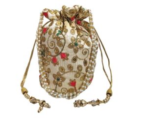 craft bazaar women indian potli bag, drawstring bucket bag with pearls wristlet for weddings, parties, brides