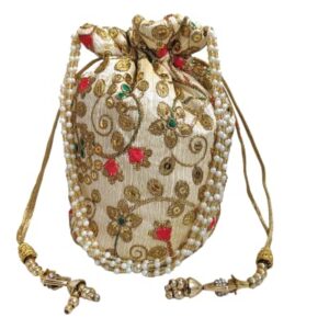 CRAFT BAZAAR Women Indian Potli Bag, Drawstring Bucket Bag With Pearls Wristlet For Weddings, Parties, Brides