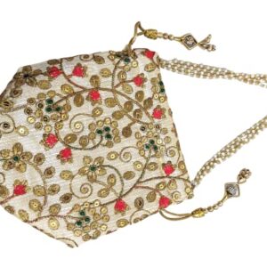 CRAFT BAZAAR Women Indian Potli Bag, Drawstring Bucket Bag With Pearls Wristlet For Weddings, Parties, Brides